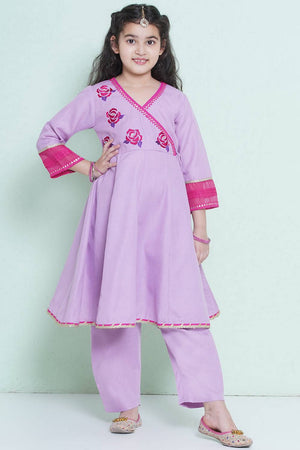 Girl's Violet Embroidered Cotton Kurta Set
