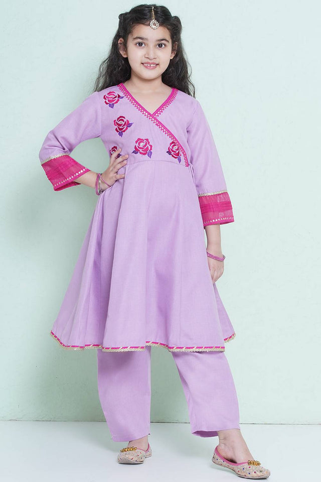 Girl's Violet Embroidered Cotton Kurta Set