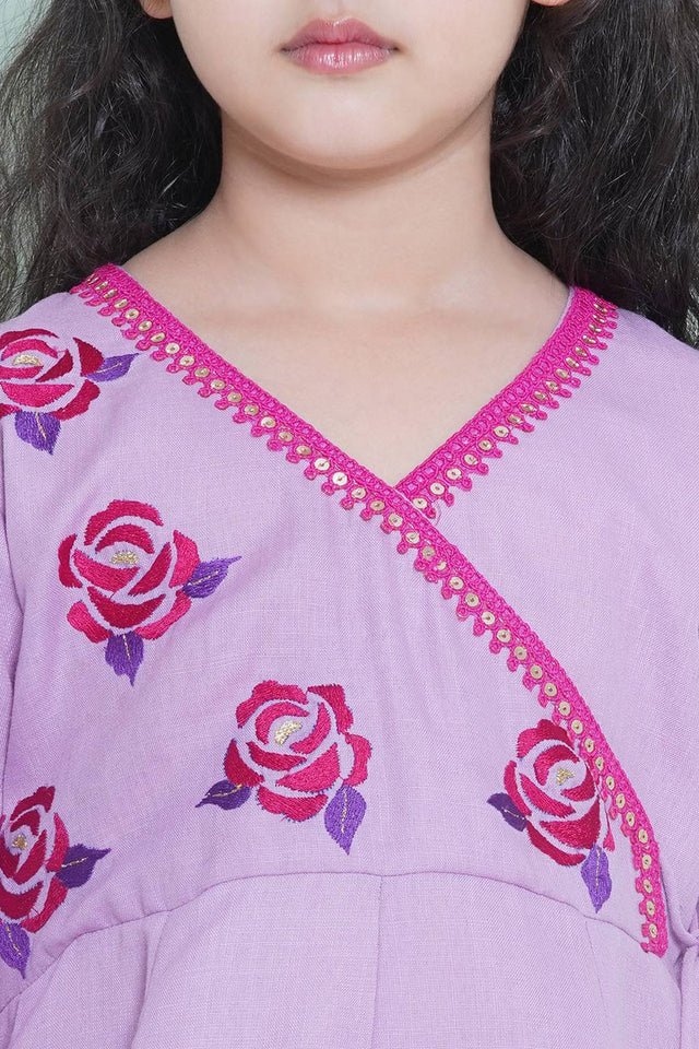 Girl's Violet Embroidered Cotton Kurta Set
