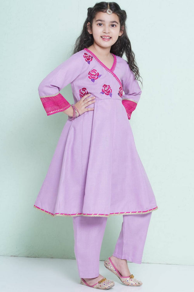 Girl's Violet Embroidered Cotton Kurta Set