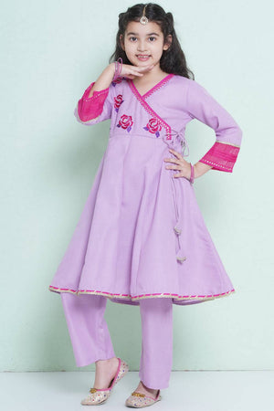 Girl's Violet Embroidered Cotton Kurta Set
