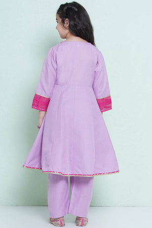 Girl's Violet Embroidered Cotton Kurta Set