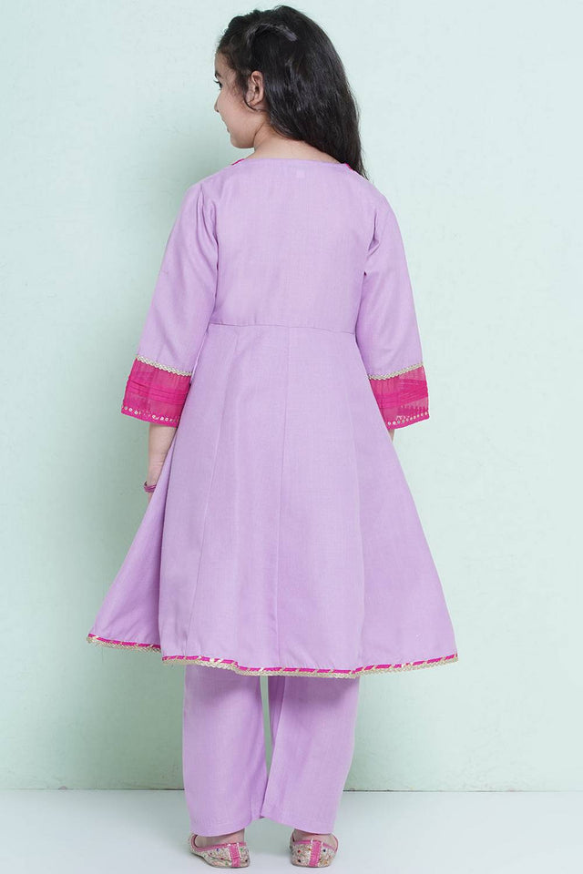Girl's Violet Embroidered Cotton Kurta Set