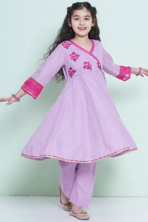 Girl's Violet Embroidered Cotton Kurta Set