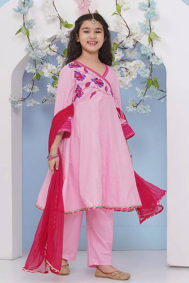 Girl's Pink Embroidered Cotton Kurta Set