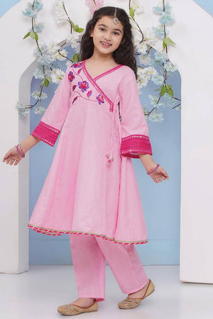 Girl's Pink Embroidered Cotton Kurta Set