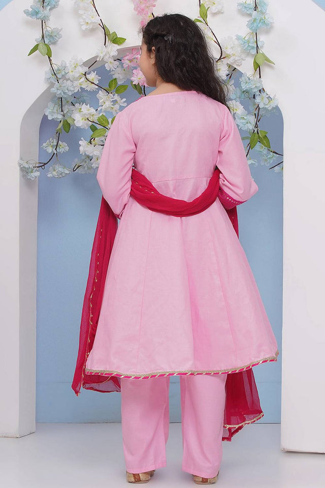 Girl's Pink Embroidered Cotton Kurta Set