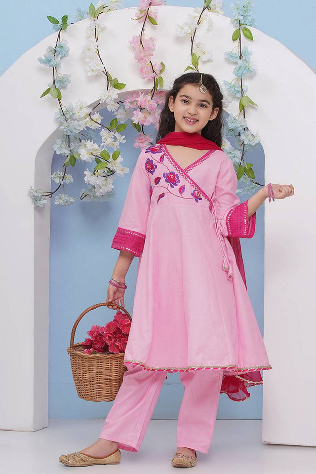 Girl's Pink Embroidered Cotton Kurta Set