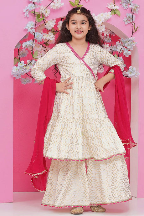 Girl's White Foil Printed Cotton Kurta Set