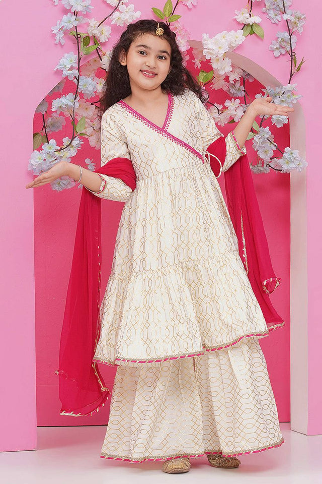 Girl's White Foil Printed Cotton Kurta Set