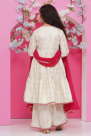 Girl's White Foil Printed Cotton Kurta Set