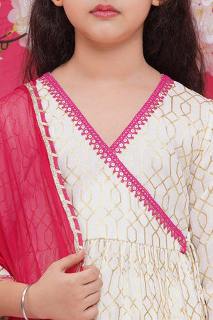 Girl's White Foil Printed Cotton Kurta Set