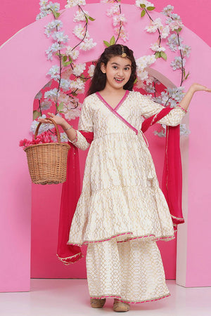 Girl's White Foil Printed Cotton Kurta Set