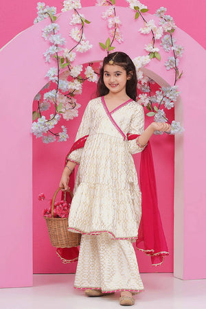 Girl's White Foil Printed Cotton Kurta Set
