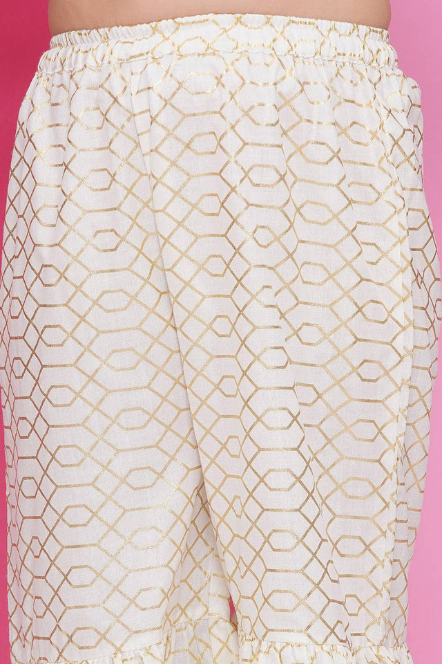 Girl's White Foil Printed Cotton Kurta Set