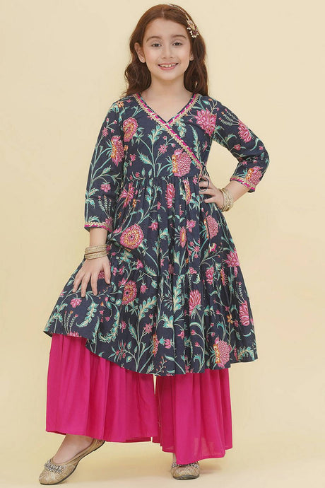 Girl's Blue Floral Printed Cotton Kurta Set