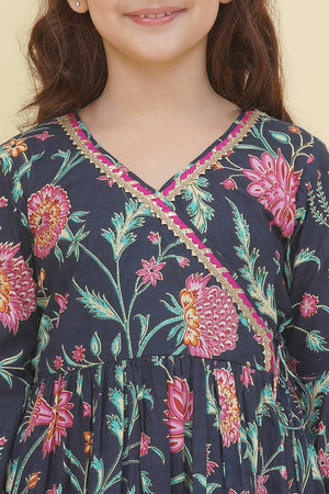 Girl's Blue Floral Printed Cotton Kurta Set