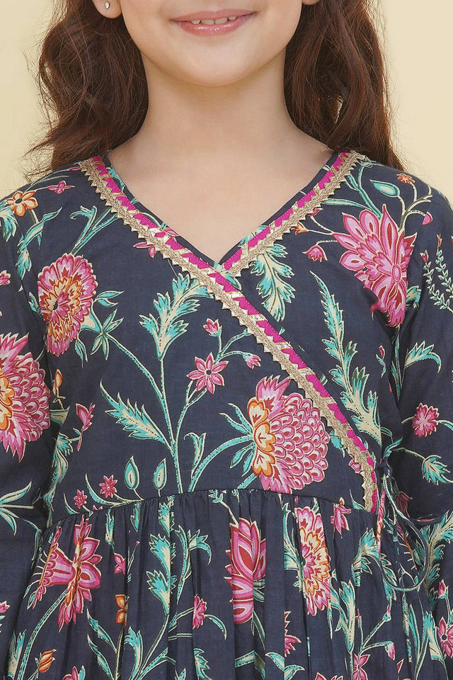 Girl's Blue Floral Printed Cotton Kurta Set