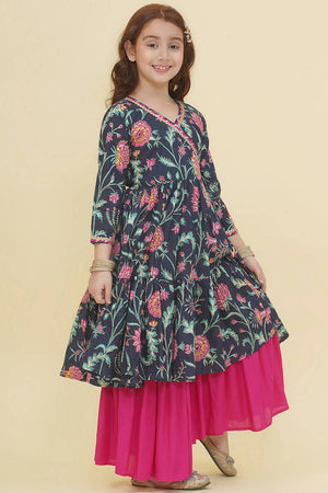 Girl's Blue Floral Printed Cotton Kurta Set