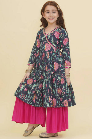 Girl's Blue Floral Printed Cotton Kurta Set
