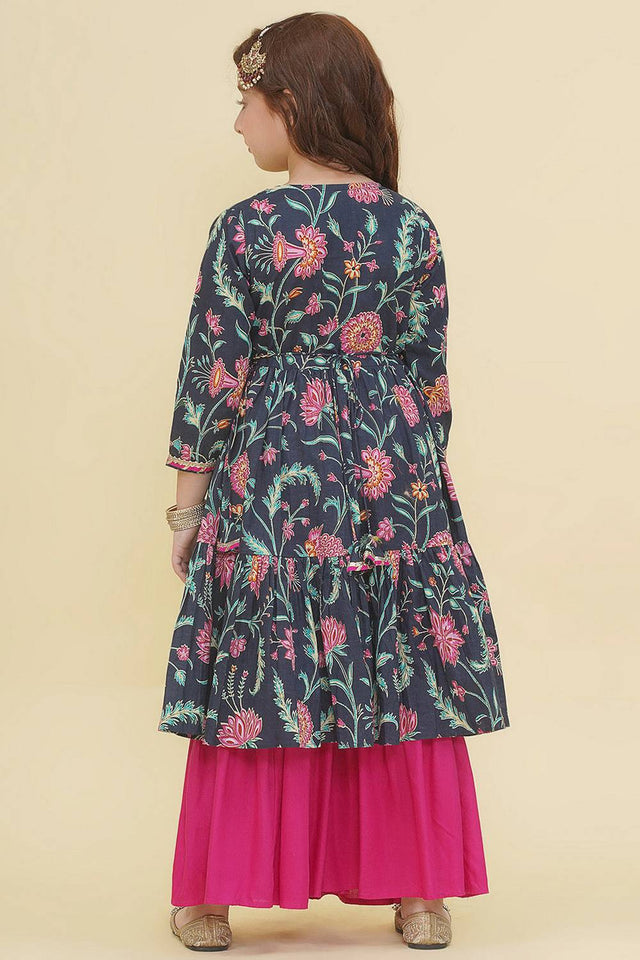 Girl's Blue Floral Printed Cotton Kurta Set