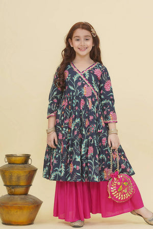 Girl's Blue Floral Printed Cotton Kurta Set