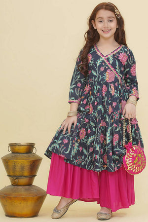 Girl's Blue Floral Printed Cotton Kurta Set