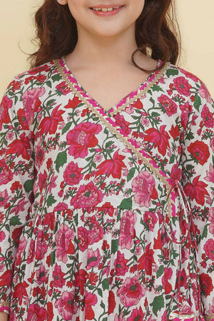 Girl's White Floral Printed Cotton Kurta Set