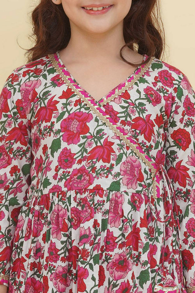 Girl's White Floral Printed Cotton Kurta Set