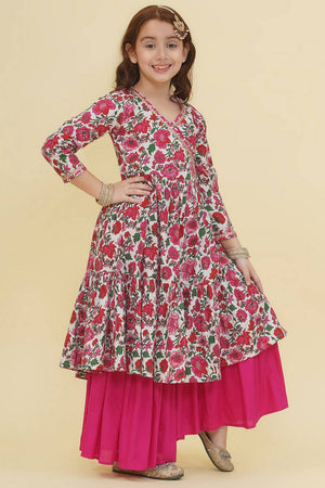 Girl's White Floral Printed Cotton Kurta Set