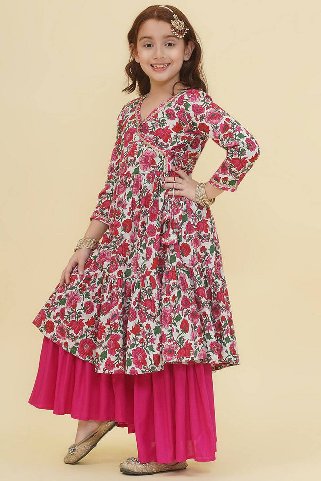 Girl's White Floral Printed Cotton Kurta Set
