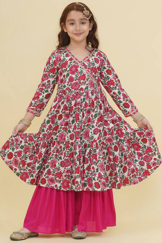 Girl's White Floral Printed Cotton Kurta Set