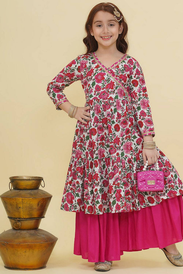 Girl's White Floral Printed Cotton Kurta Set