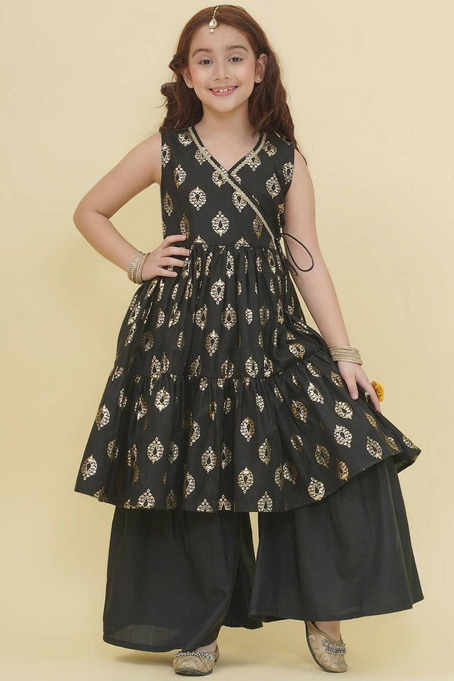 Girl's Black Foil Printed Cotton Kurta Set