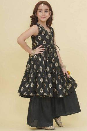 Girl's Black Foil Printed Cotton Kurta Set