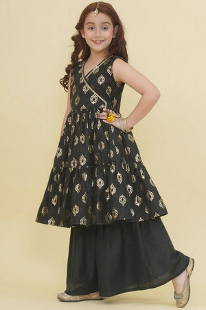 Girl's Black Foil Printed Cotton Kurta Set