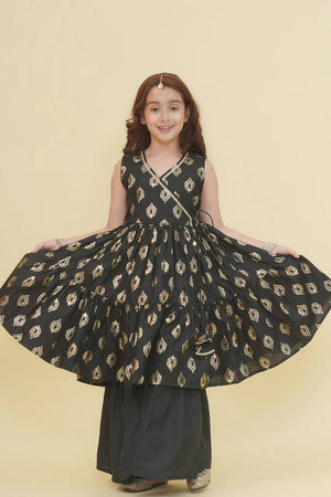 Girl's Black Foil Printed Cotton Kurta Set