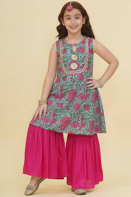 Girl's Blue Floral Printed Cotton Kurta Set