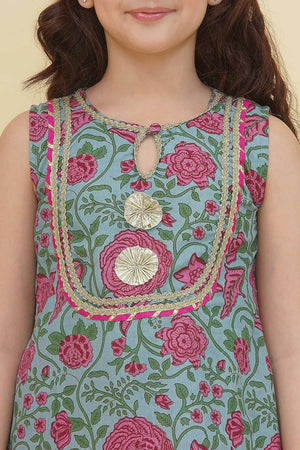 Girl's Blue Floral Printed Cotton Kurta Set