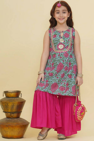 Girl's Blue Floral Printed Cotton Kurta Set