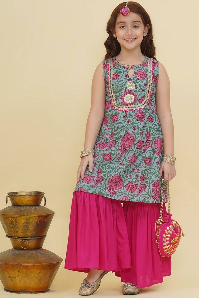 Girl's Blue Floral Printed Cotton Kurta Set