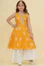 Girl's Yellow Floral Printed Silk Kurta Set