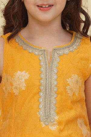 Girl's Yellow Floral Printed Silk Kurta Set