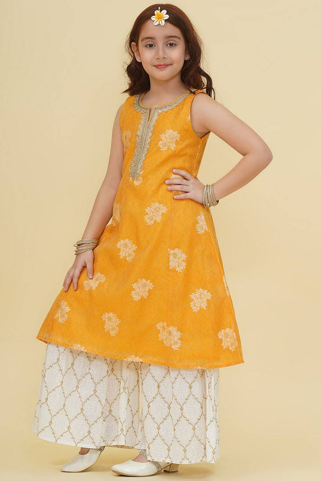 Girl's Yellow Floral Printed Silk Kurta Set