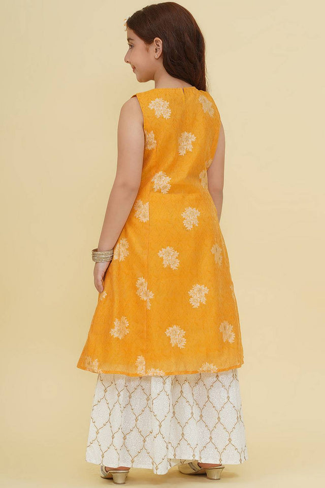 Girl's Yellow Floral Printed Silk Kurta Set