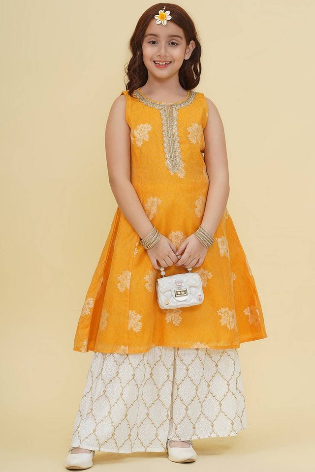 Girl's Yellow Floral Printed Silk Kurta Set