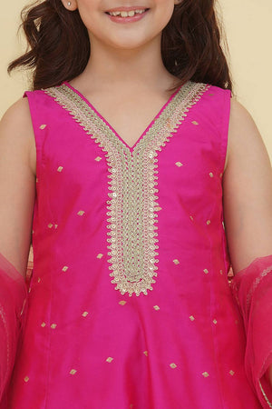 Girl's Pink Woven Silk Kurta Set