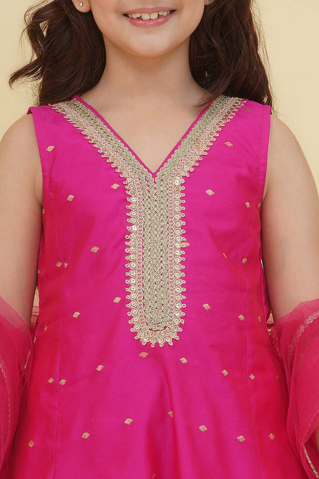 Girl's Pink Woven Silk Kurta Set