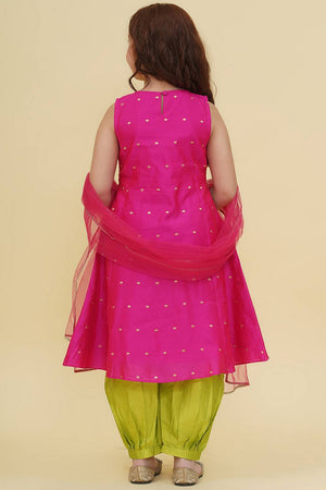 Girl's Pink Woven Silk Kurta Set
