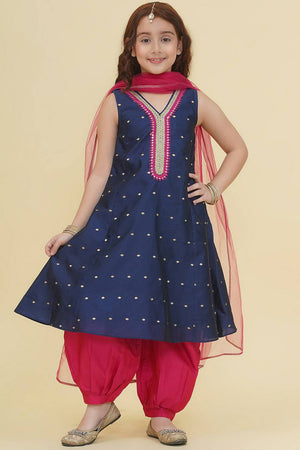 Girl's Blue Woven Silk Kurta Set
